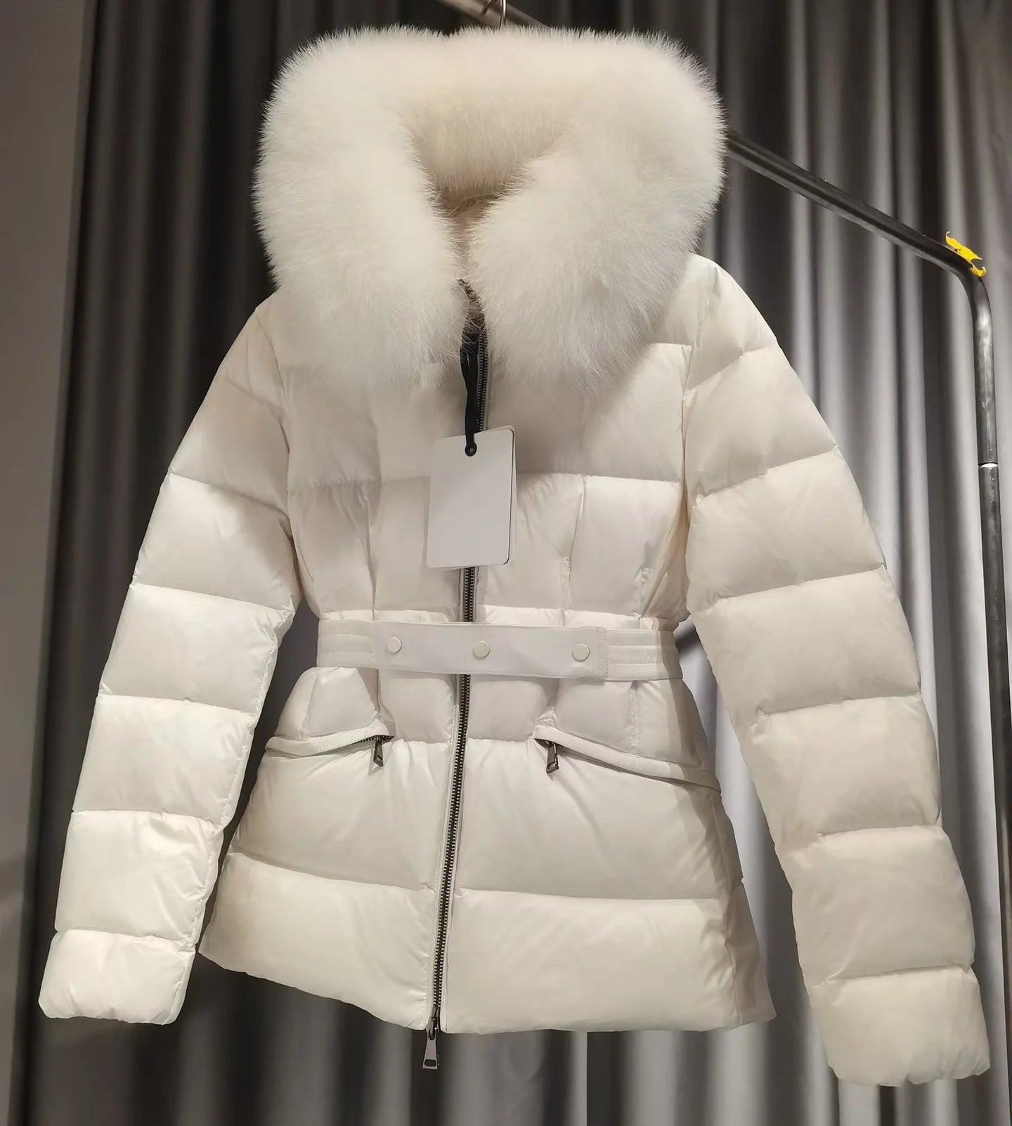 White Fur Trim Adjustable Waist Puffer Coat - Rossie