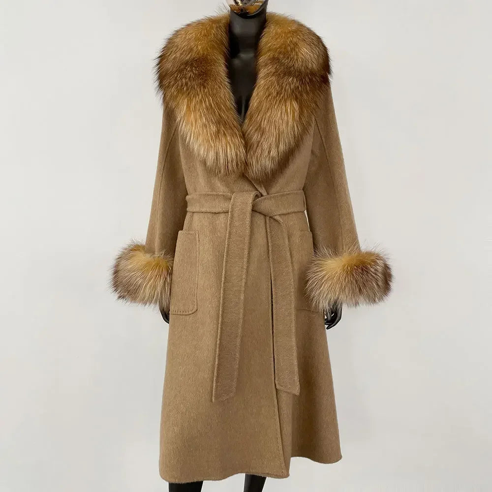 Belted Wool Coat with Faux Fur Trim