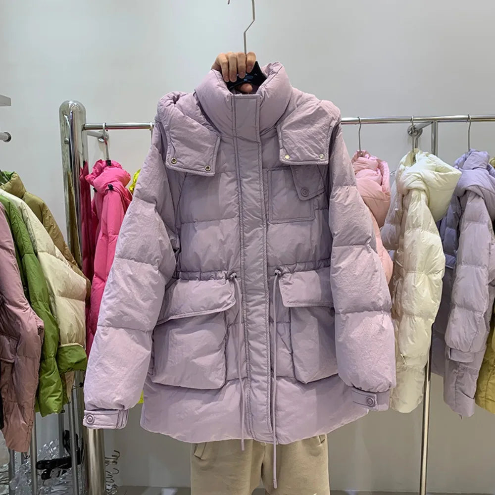 Purple long puffer coat with plastic buttons