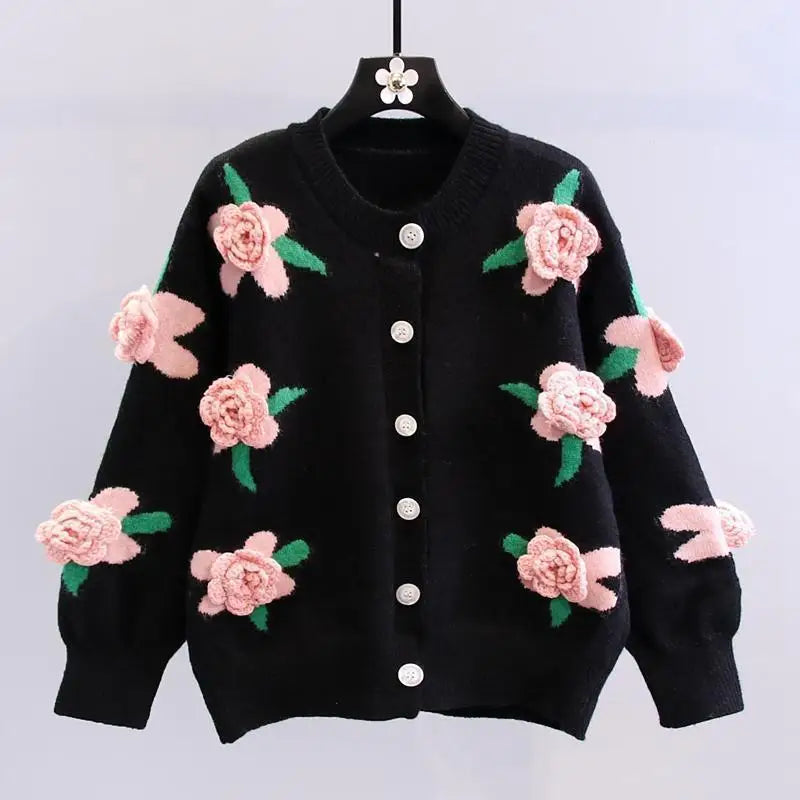 Rose Side Pockets Bubble Sleeve Knitted Cardigan