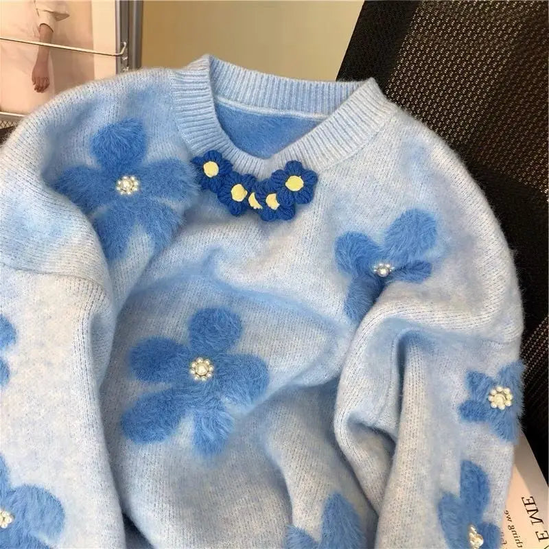 Blue Cozy Loose Sleeve Sweater With Rhinestone Buttons main image 0