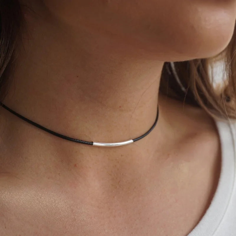 Minimalist Leather Choker With Silver Tube Accent on Luulla